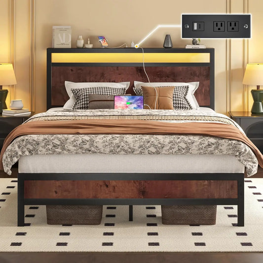Bed Frame With Headboard And Footboard With USB Charging And LED Light