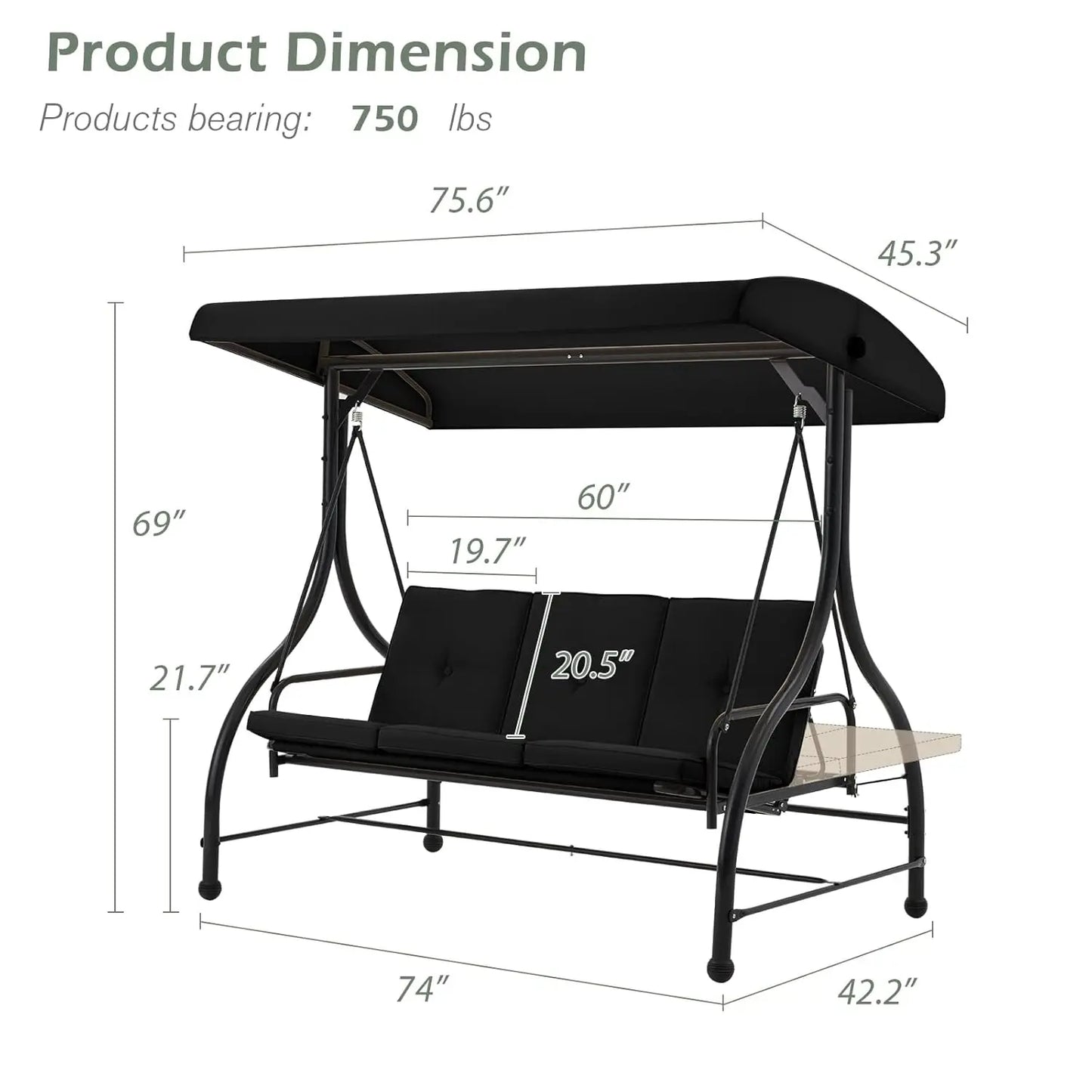Outdoor Patio Swing Chair 3 Seat Canopy With Adjustable Backrest