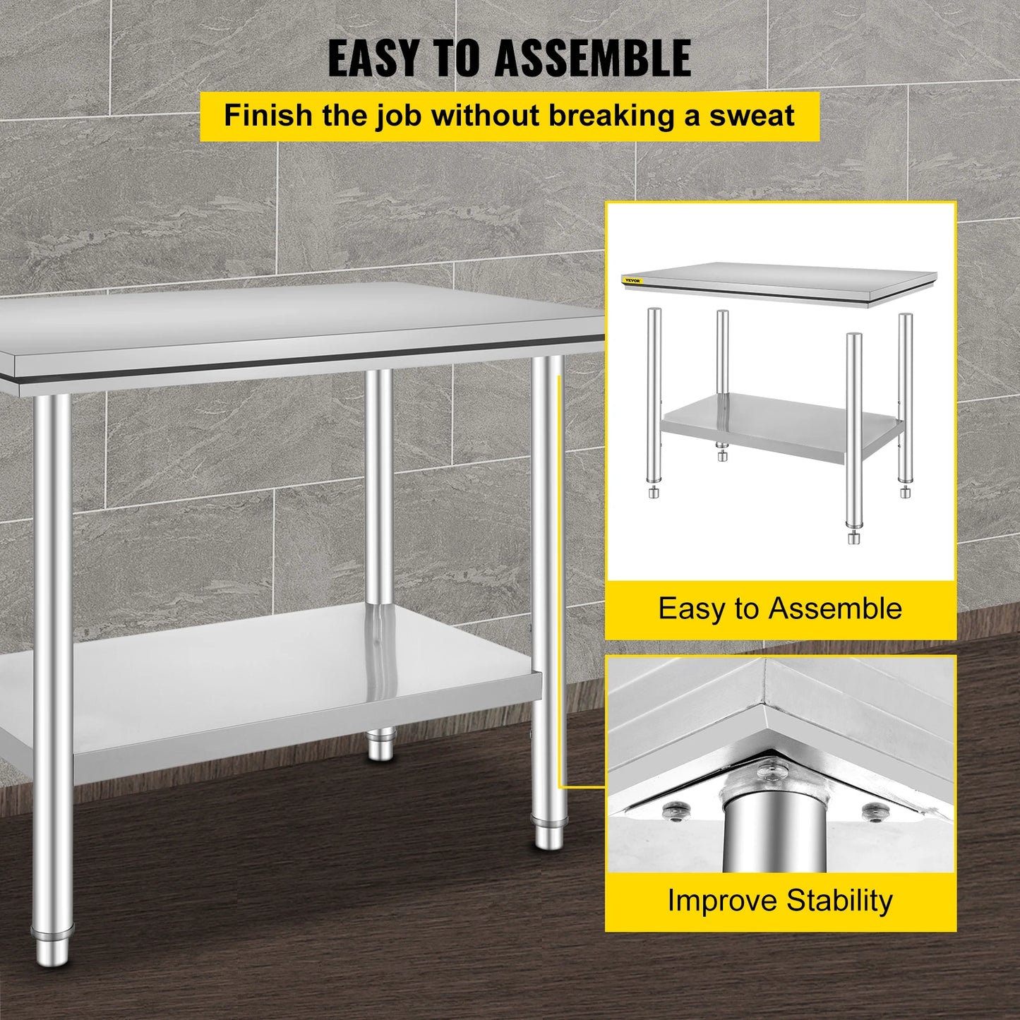 Stainless Steel Kitchen Work Bench With Undershelf 330 LBS Capacity