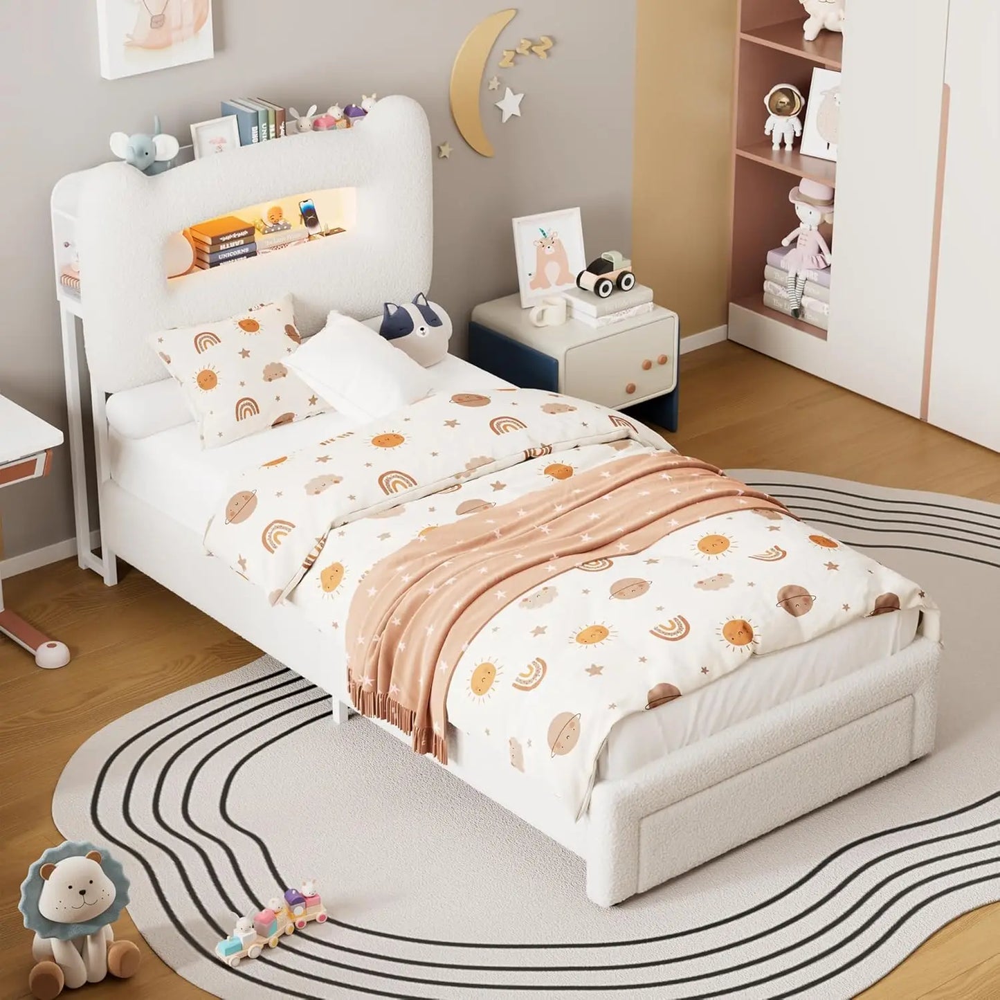 Upholstered Full Bed Frame with 2-Tier Storage Headboard, LED Platform Bed with Charging Station and Drawer for Kids/Girls/Boys,