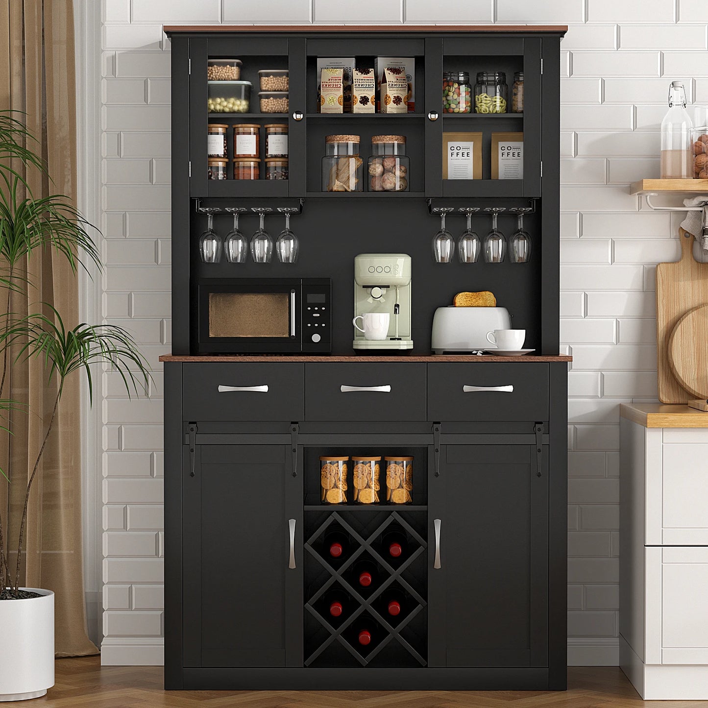 VOWNER Farmhouse Bar Cabinet With Sliding Barn Doors Kitchen Pantry