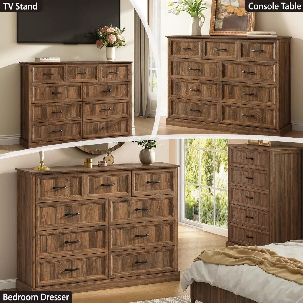 9 Drawer Dresser for Bedroom,with Large Drawers, 55 Inch Wide Modern Walnut Dresser TV Stand