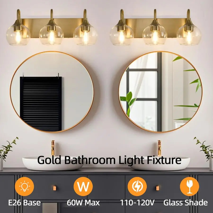 Three Light Vanity Light Over Mirror Clear Glass Globe Shade