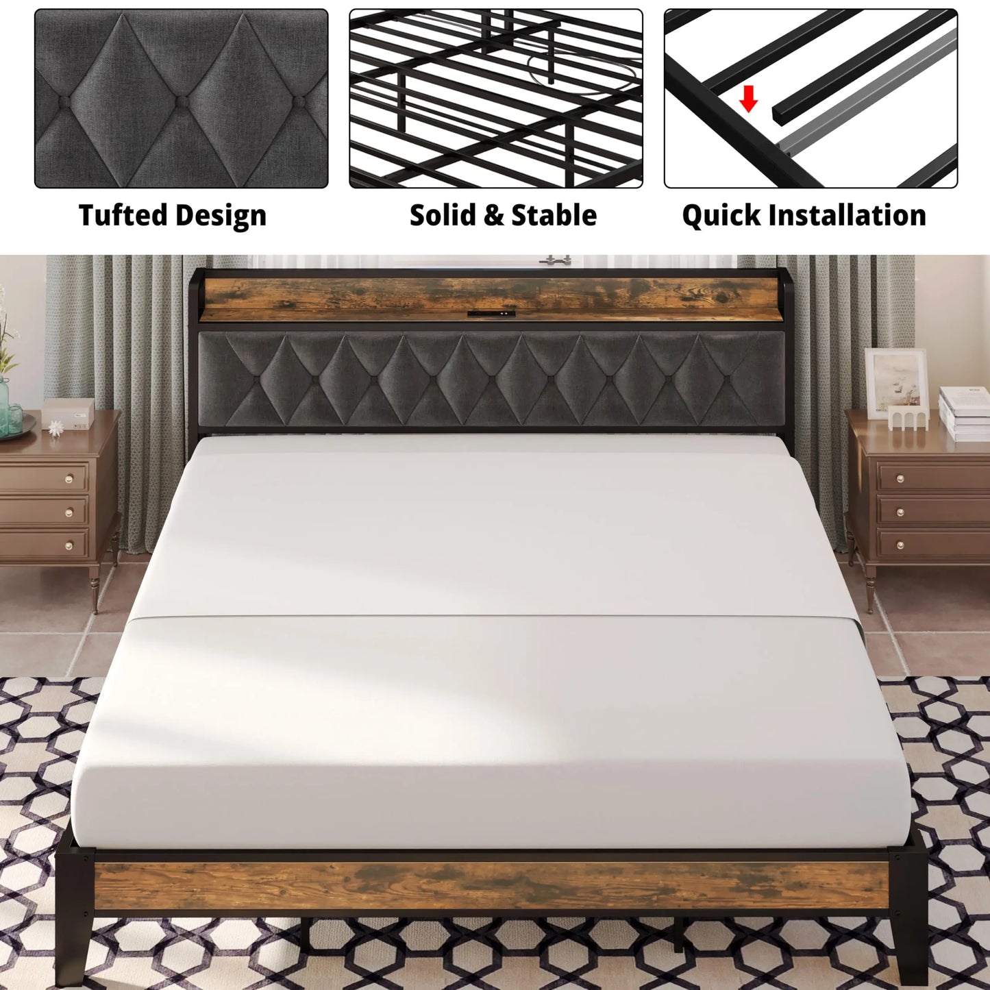 ANCTOR Bed Frames With Storage Headboard Outlets No Noise No Box Springs