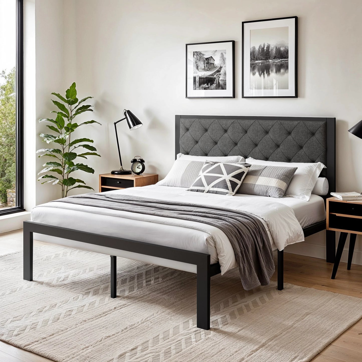 HOOMIC Metal Bed Frame With Upholstered Headboard Linen Fabric