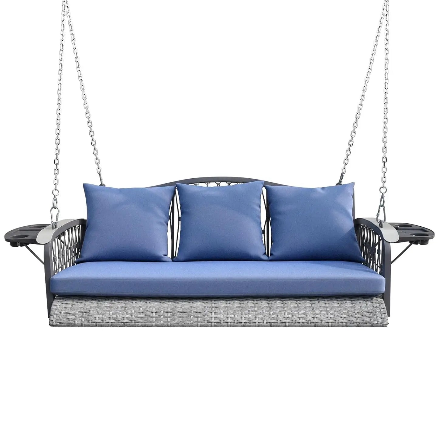 Outdoor Wicker Porch Swing Chair With Cushions And Cup Holders