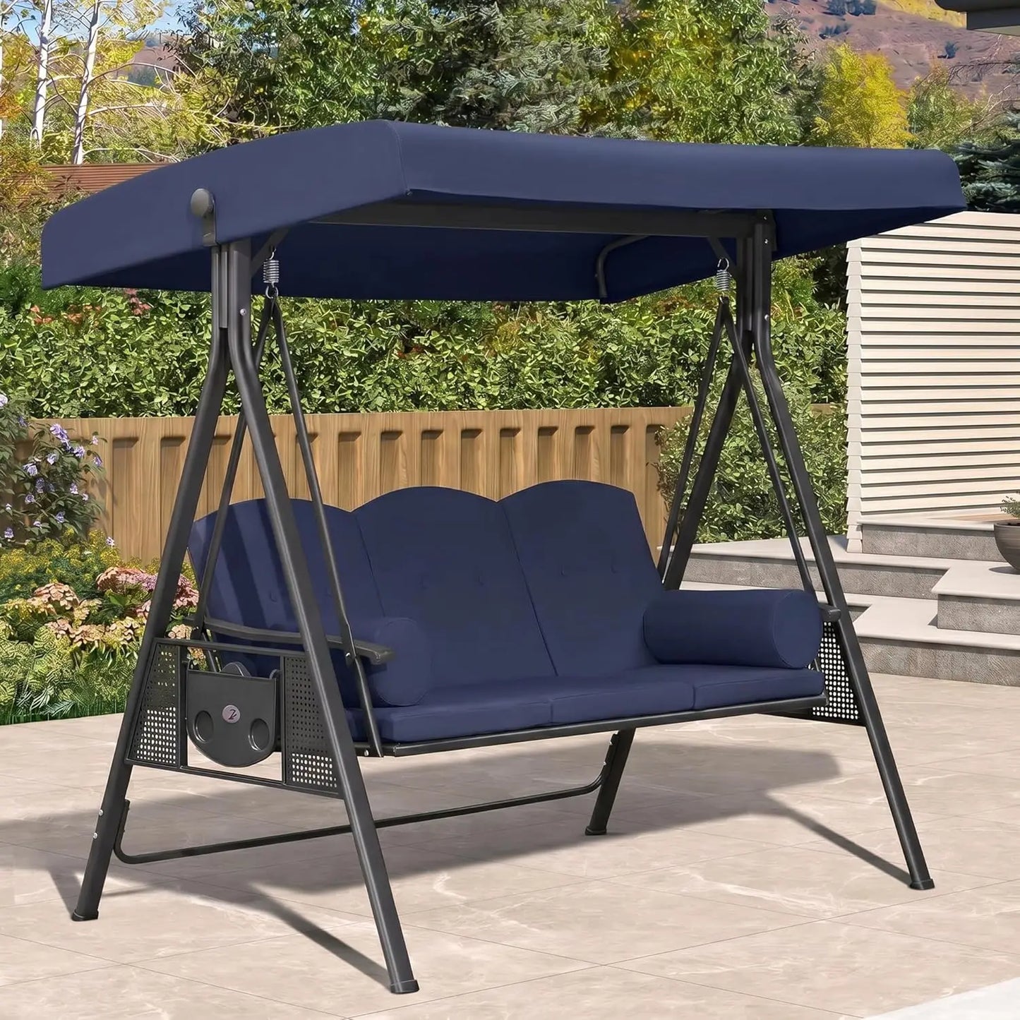 Adjustable Canopy 3 Seat Outdoor Porch Swing Bench Cup Holder