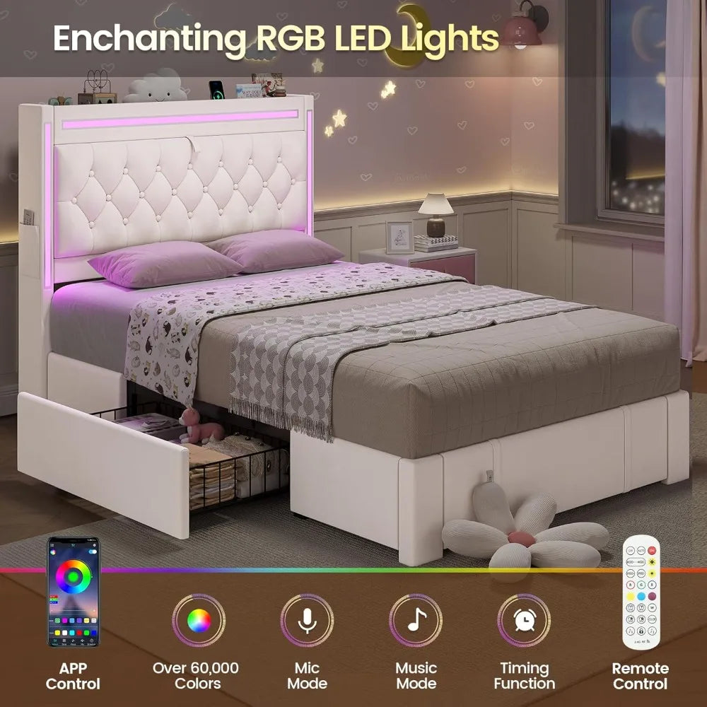 LED Bed Frame With Storage Drawers And Velvet Headboard Charging Station