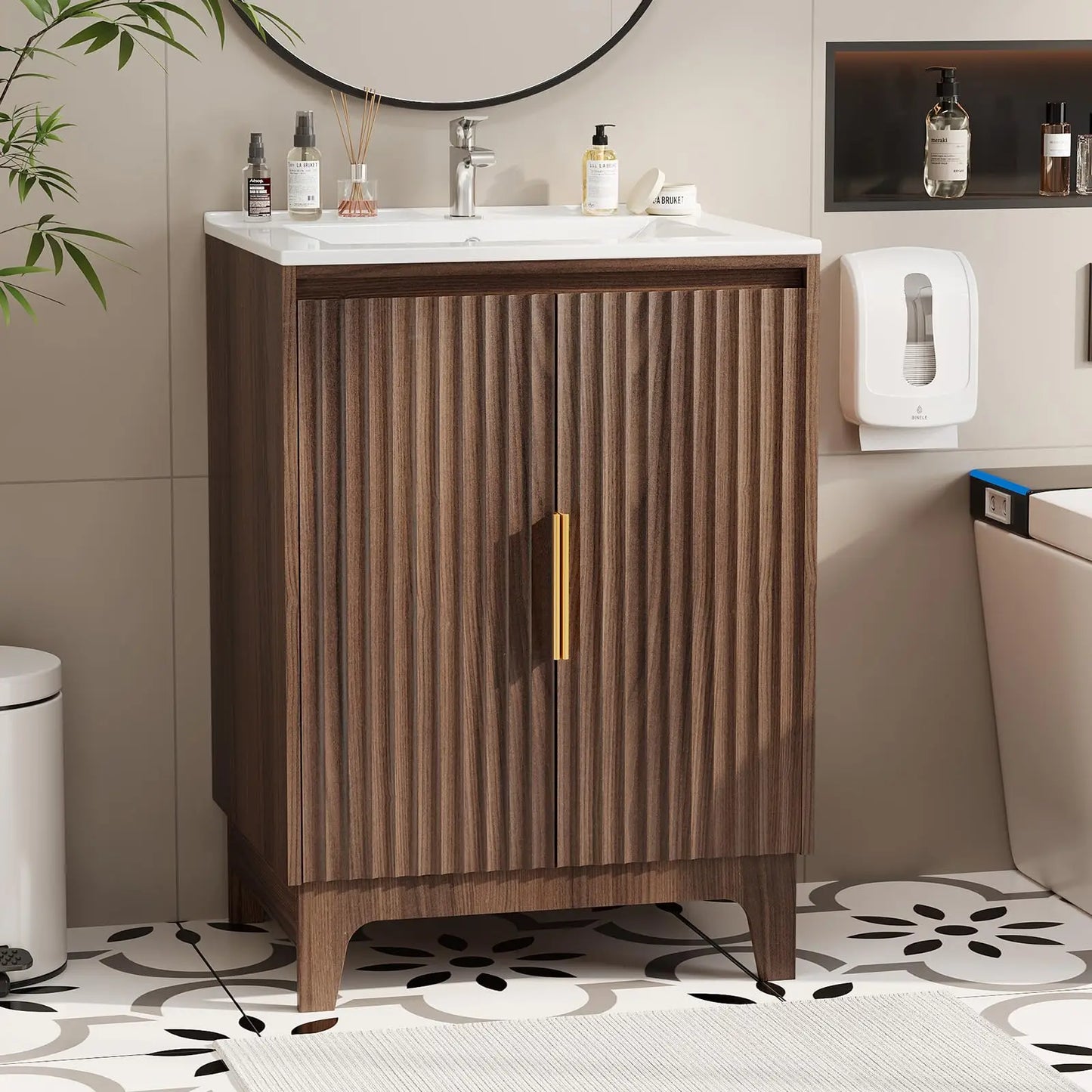 Mid-Century Modern Vanity With Ceramic Basin and Fluted Doors