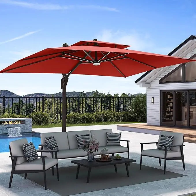 9' X 12' Patio Umbrella with LED Lights Outdoor Cantilever Large Rectangle Offset Umbrellas Heavy Duty Aluminum Double Top with