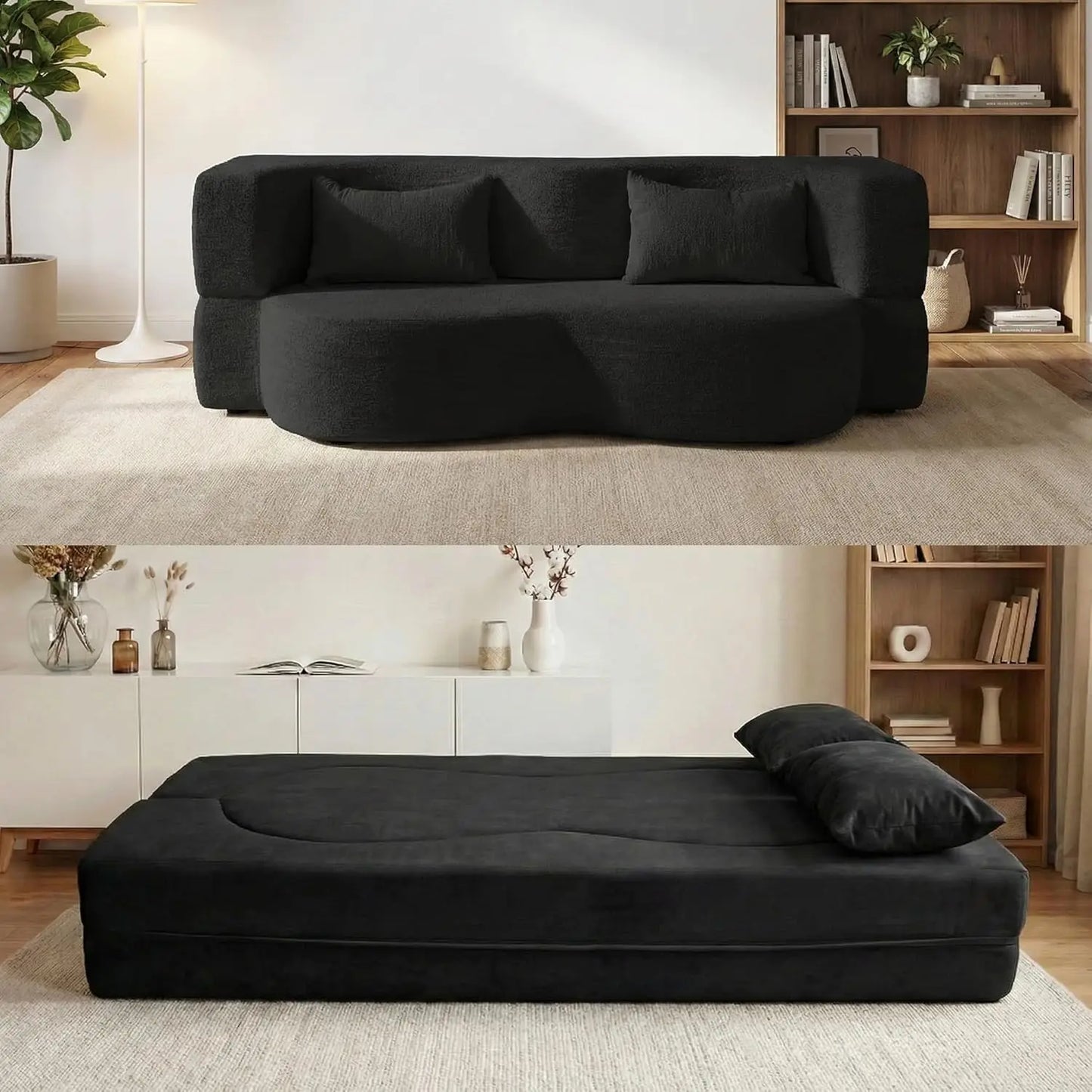 Convertible Sofa Bed 2 In 1 Teddy Fabric Folding Floor Couch Mattress