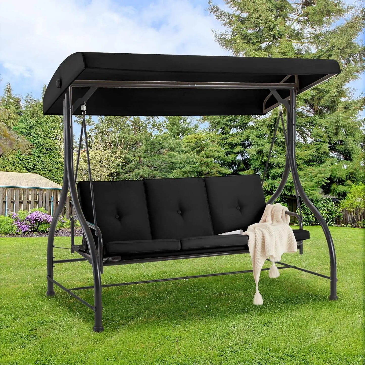 Outdoor Patio Swing Chair 3 Seat Canopy With Adjustable Backrest