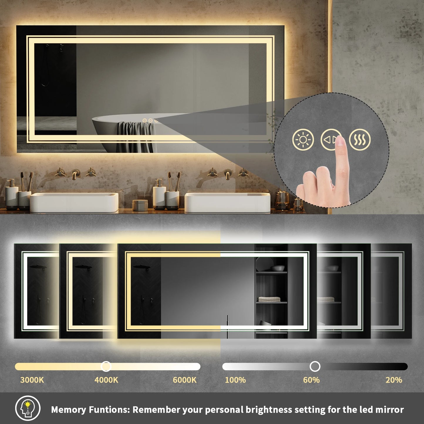Wisfor LED Bathroom Mirror With Lights Anti Fog Dimmable Backlit