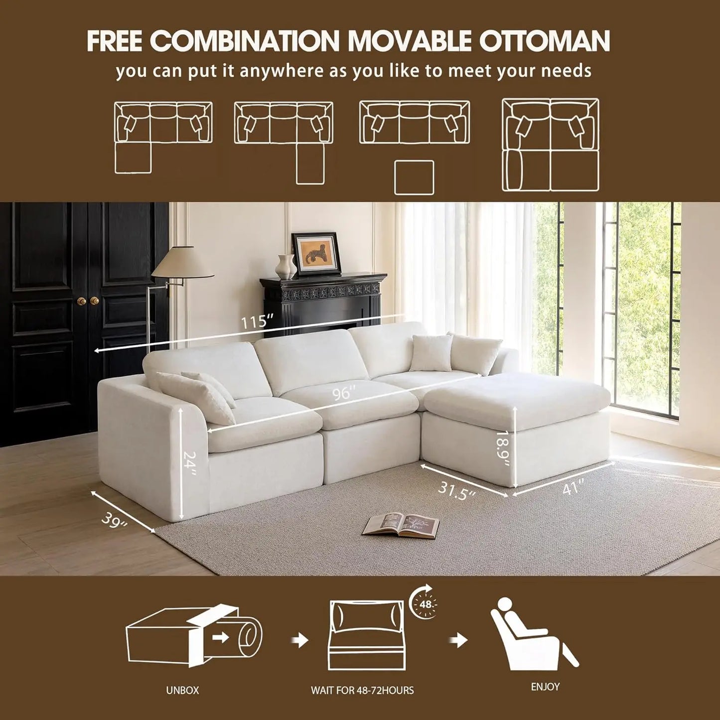 L Shaped Cloud Sectional Sofa With Ottoman Convertible Modular