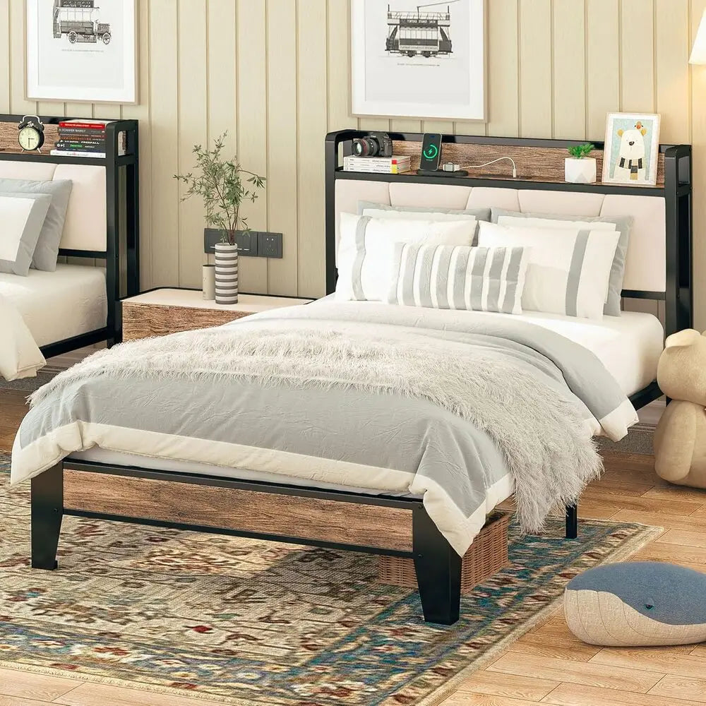 LIKIMIO Bed Frame With Storage Headboard And Charging Station