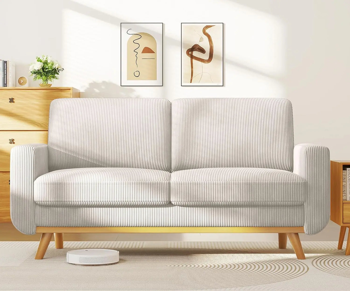 HUANZHUANG Modern Loveseat Sofa Corduroy Fabric Wood Frame Spring Cushion