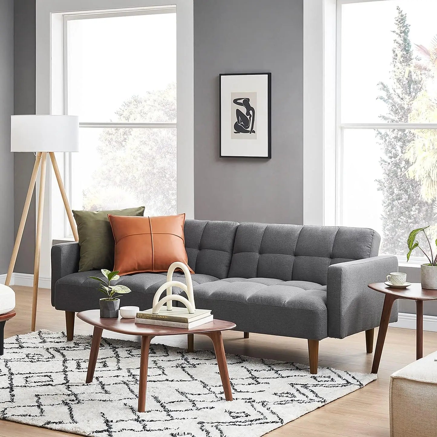 Mid Century Futon Sofa Bed PU Leather Loveseat Wood Frame