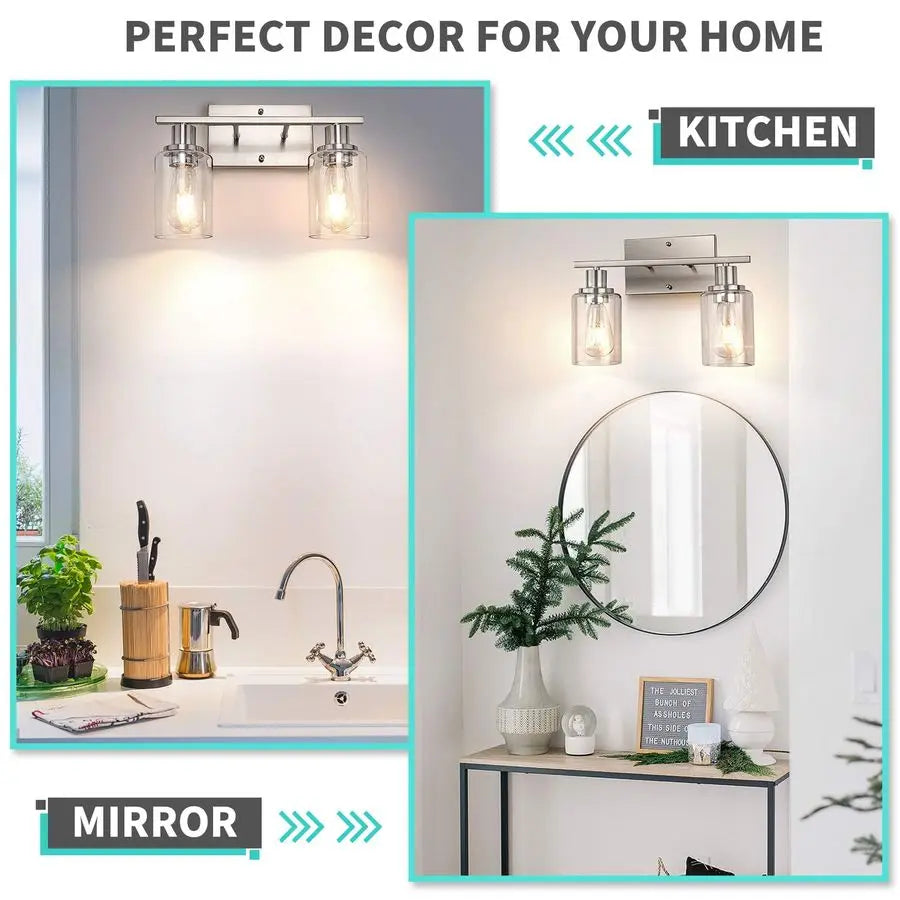 Two Light Bathroom Vanity Lights With Clear Glass Shades Over Mirror