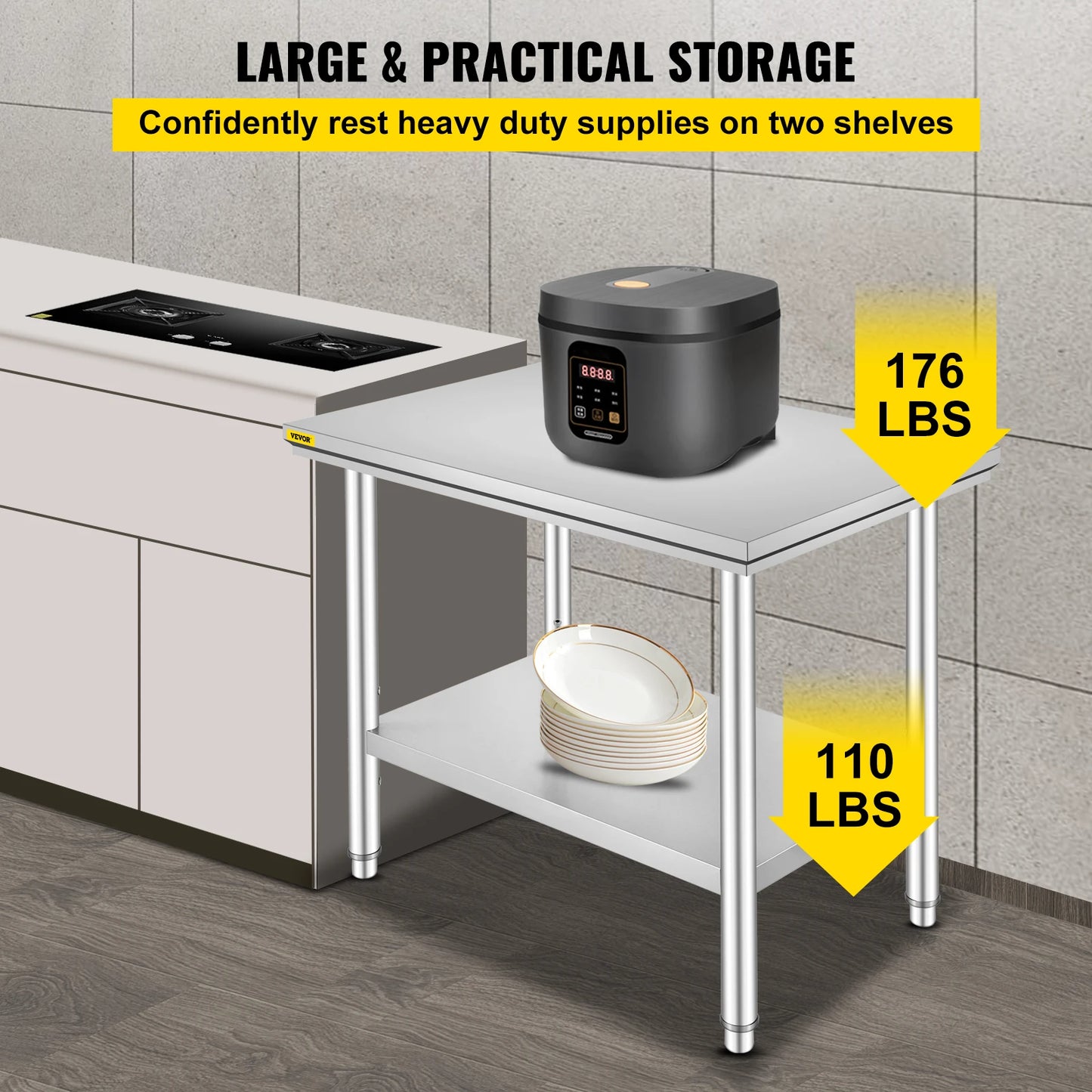 Stainless Steel Kitchen Work Bench With Undershelf 330 LBS Capacity