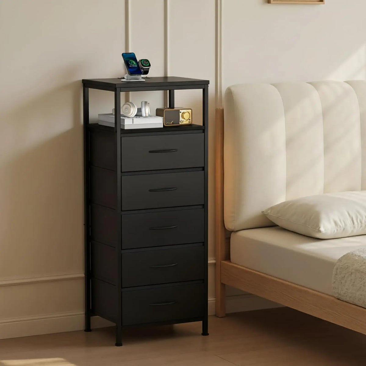 JHK 5 Drawer Fabric Dresser With Charging Station LED Lights