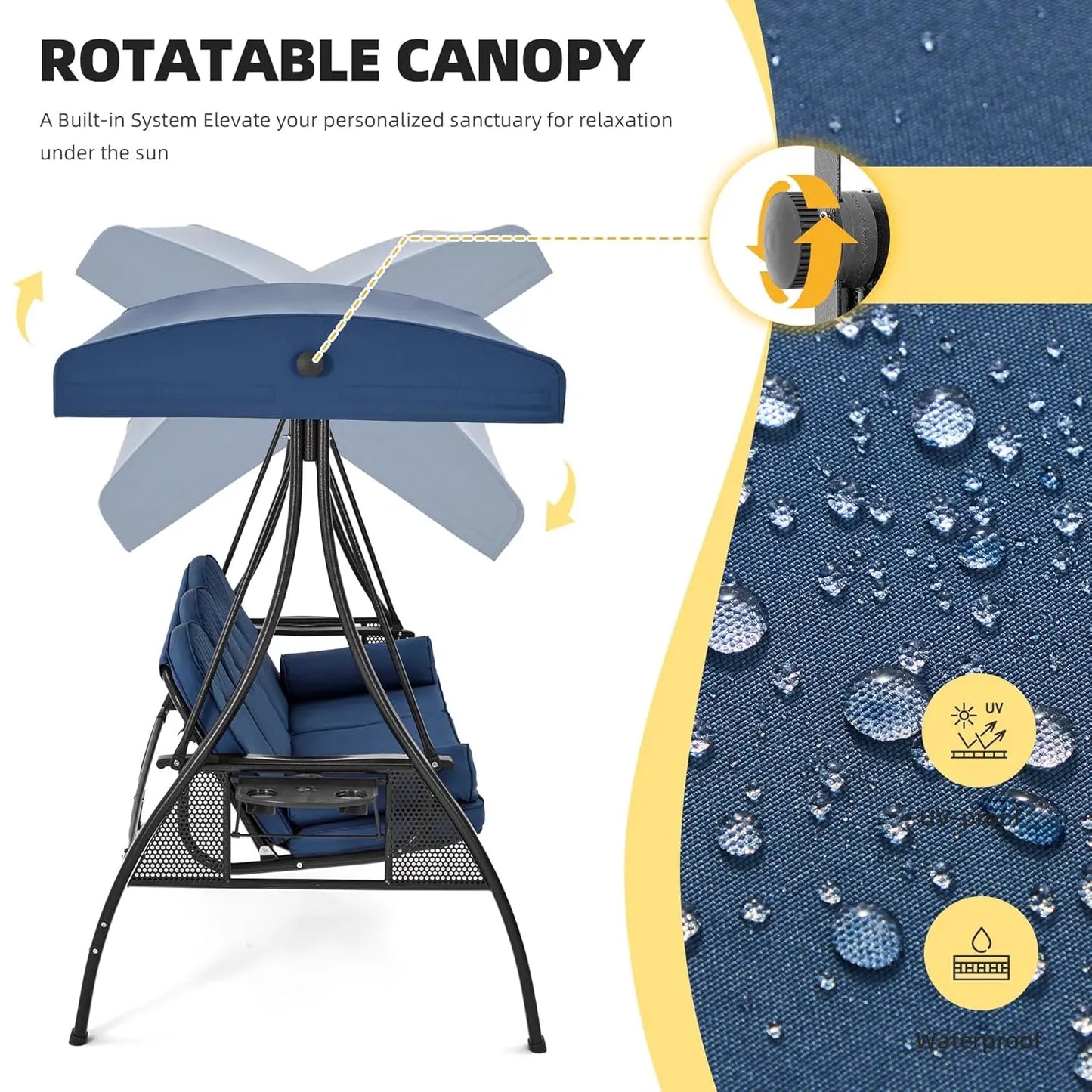 Three Seat Patio Swing With Adjustable Canopy Backrest Cup Holder