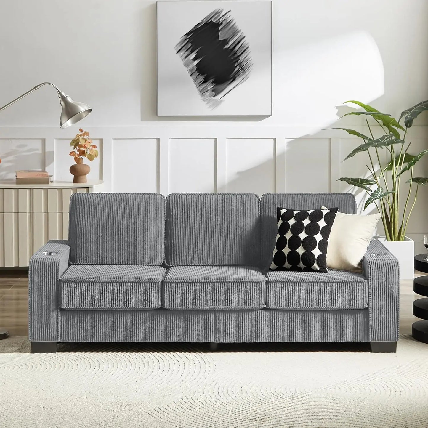 Snowfleece 3 Seater Upholstered Sofa With Cup Holders