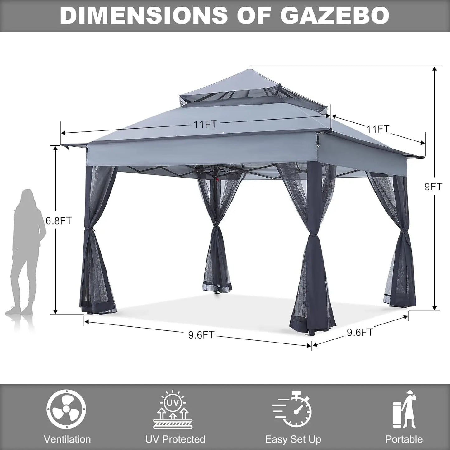 MOYU Pop Up Gazebo Outdoor Canopy Tent With Mosquito Netting