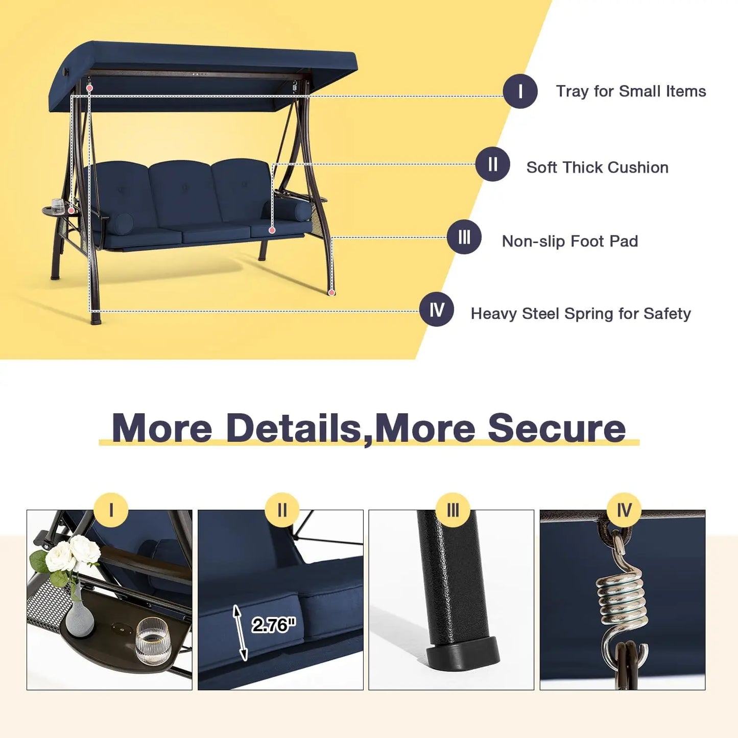 Porch Swing With Adjustable Canopy Cushion Weather Steel Frame