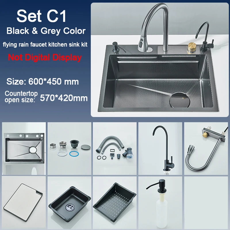 Stainless Steel Kitchen Sink with Faucet Digital Display Large Single Bowl Waterfall Rain 5 Functions System Dish Basin Sink