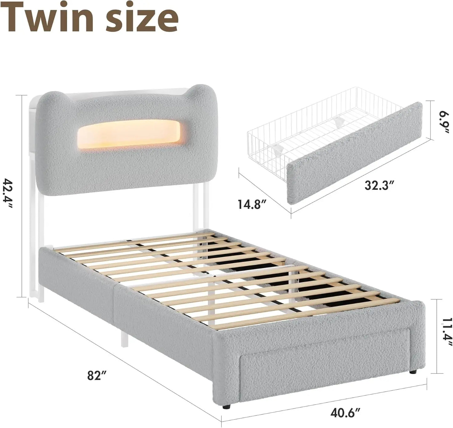 Upholstered Full Bed Frame with 2-Tier Storage Headboard, LED Platform Bed with Charging Station and Drawer for Kids/Girls/Boys,