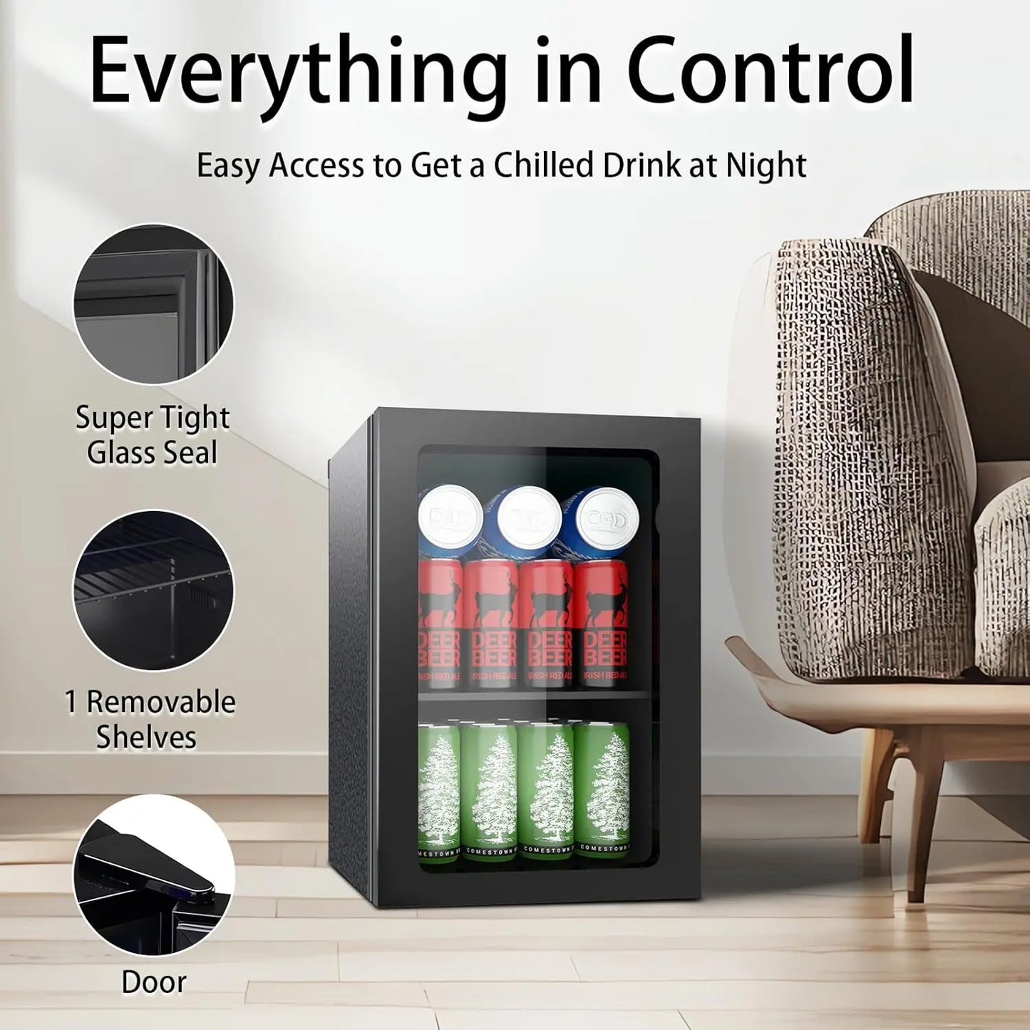 24 Can Mini Fridge Glass Door Beverage Cooler Quiet Operation
