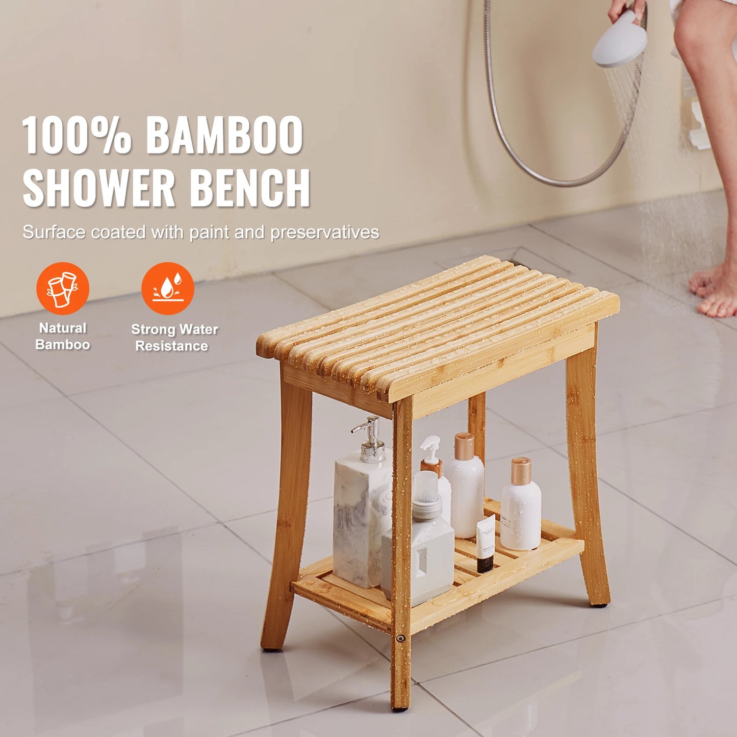 SucceBuy Bamboo Shower Bench Waterproof Shower Stool With Storage Shelf 330lbs