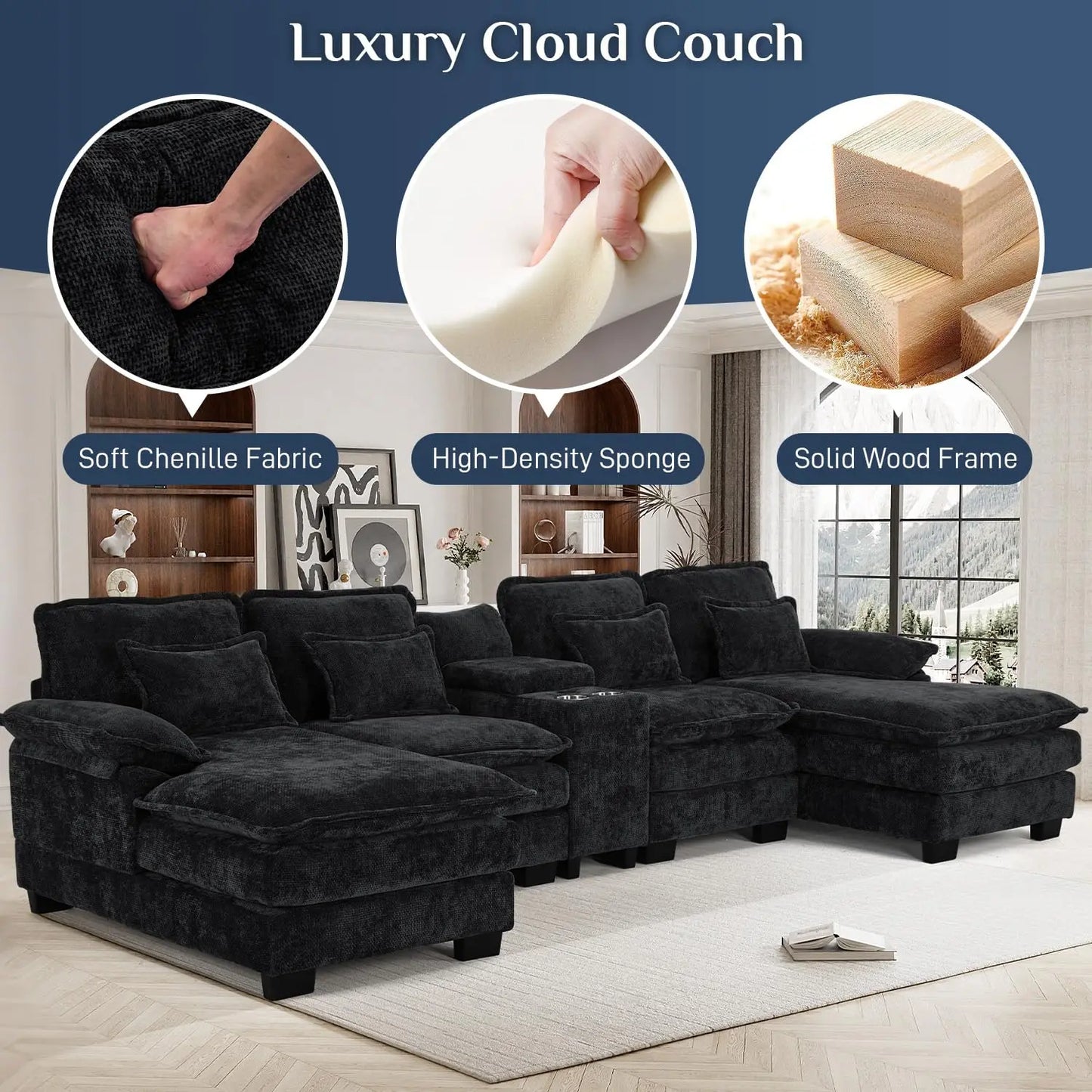 U Shaped Modular Sectional Sofa Chenille With Double Chaise Storage Console USB