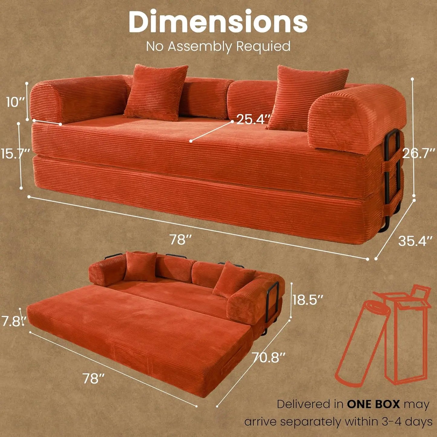 Convertible Sofa Bed Modular Couch With Corduroy Fabric And Memory Foam Sleeper