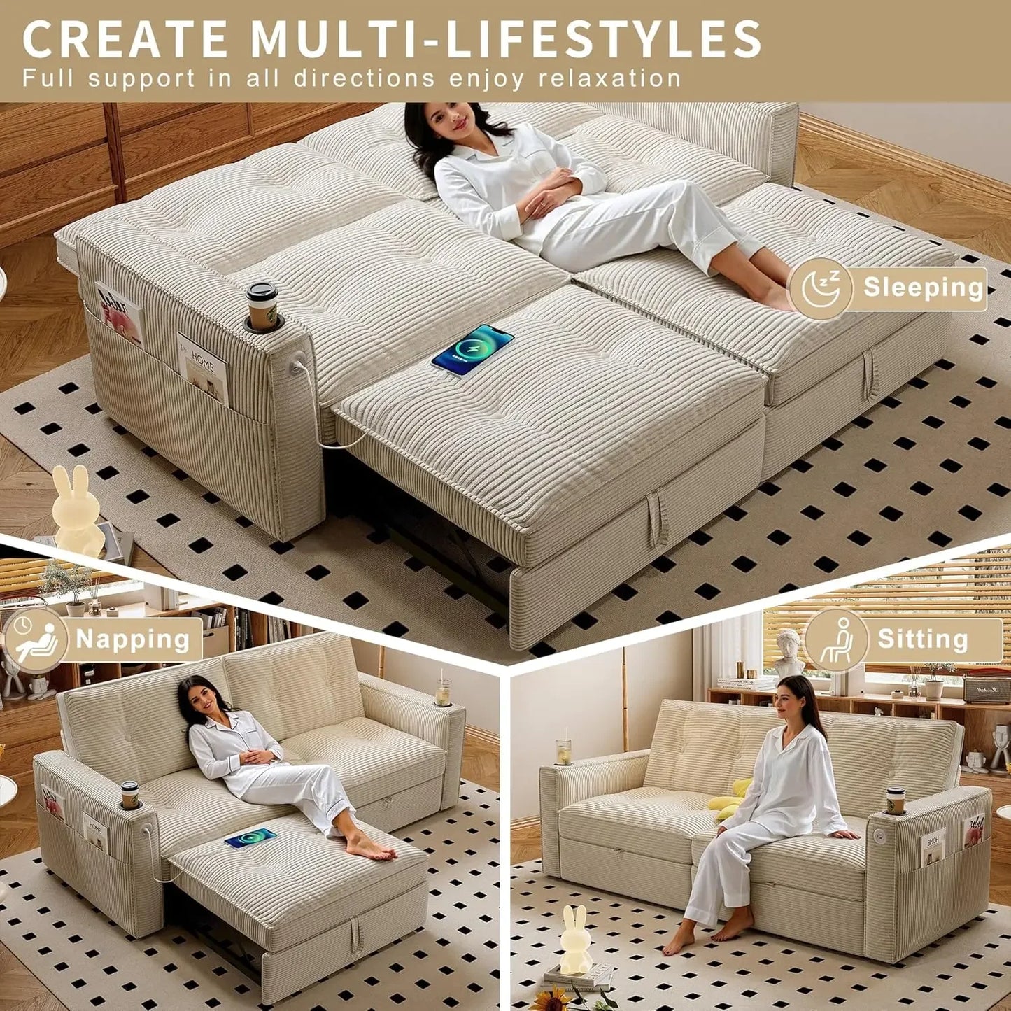 Guangbai Modern Seater Sofa Bed With USB Ports Pockets