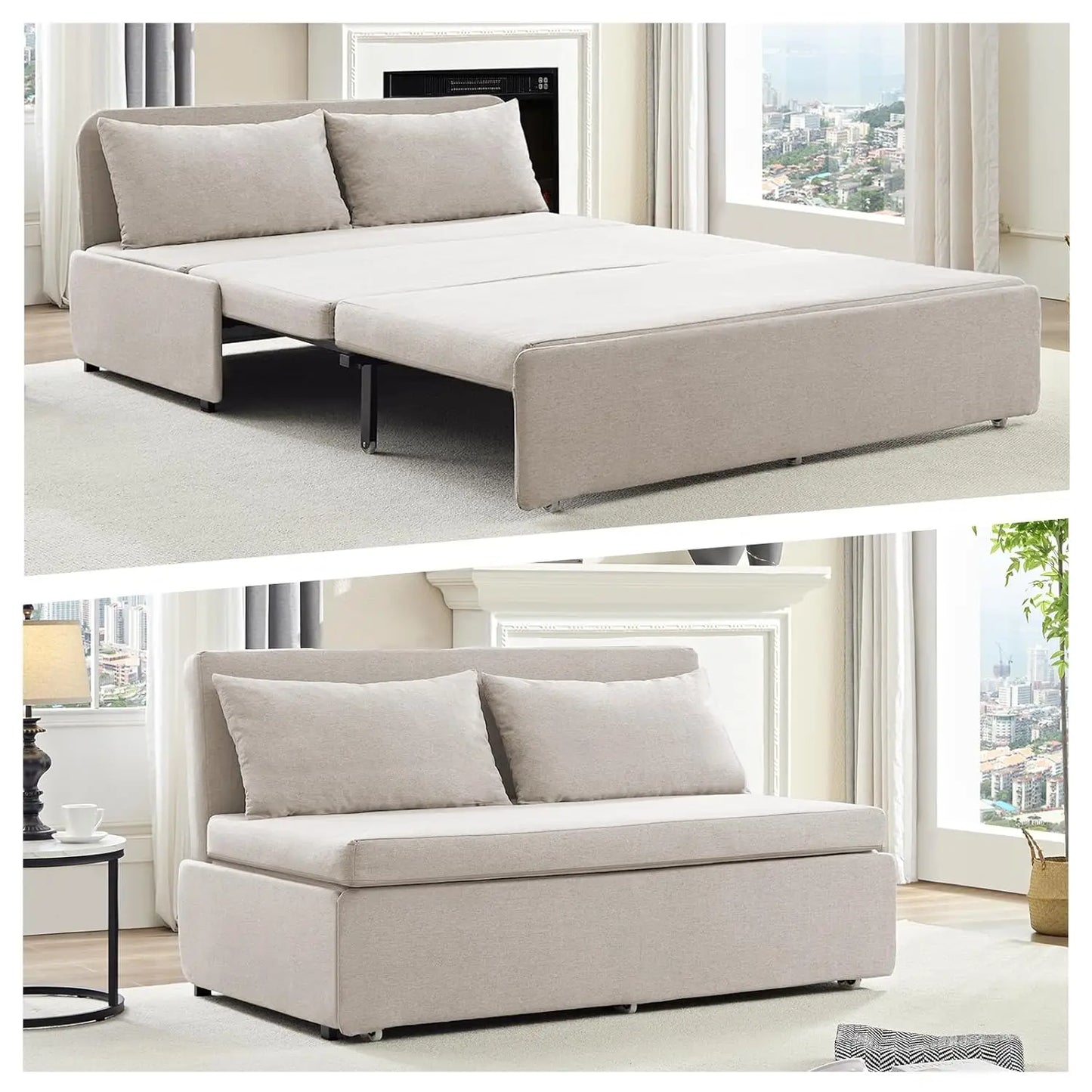 Queen Pull Out Sofa Bed Linen Convertible Couch With Pillows