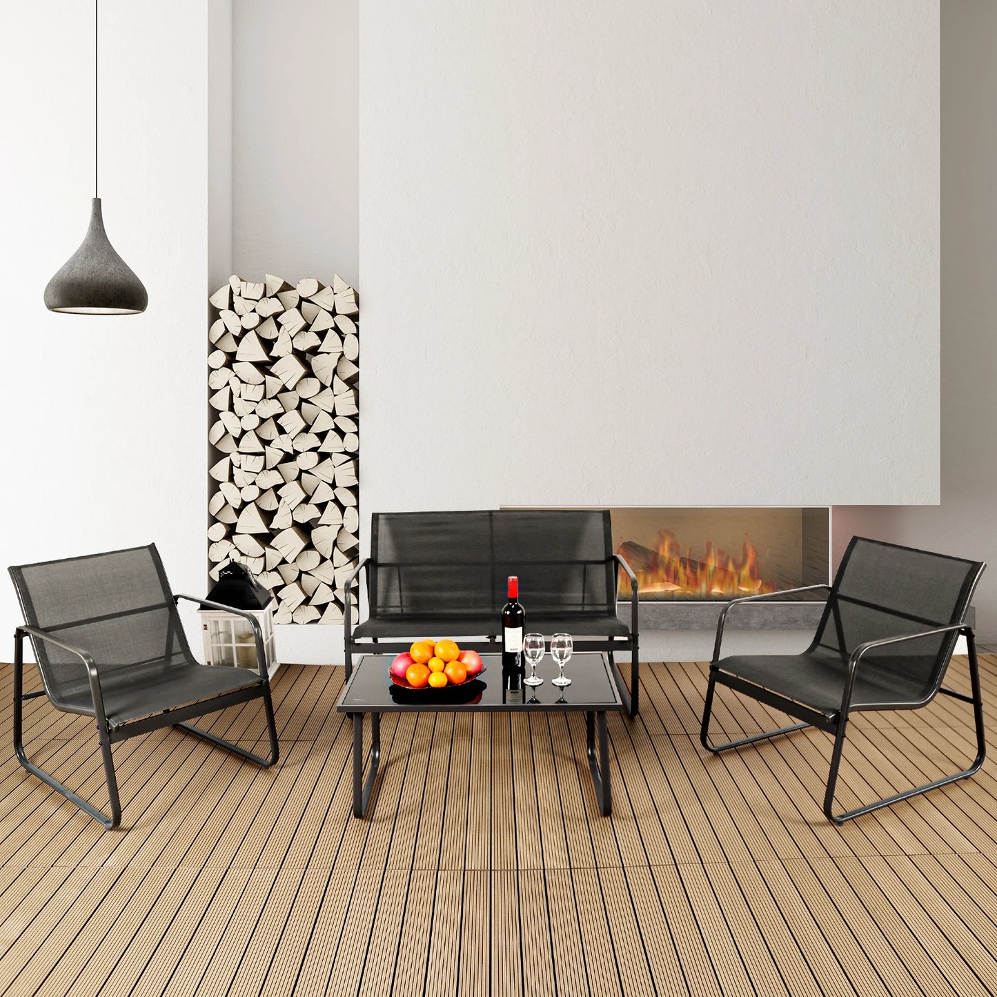 JHK Outdoor Patio Furniture 4 Piece Set With Table Metal Frame
