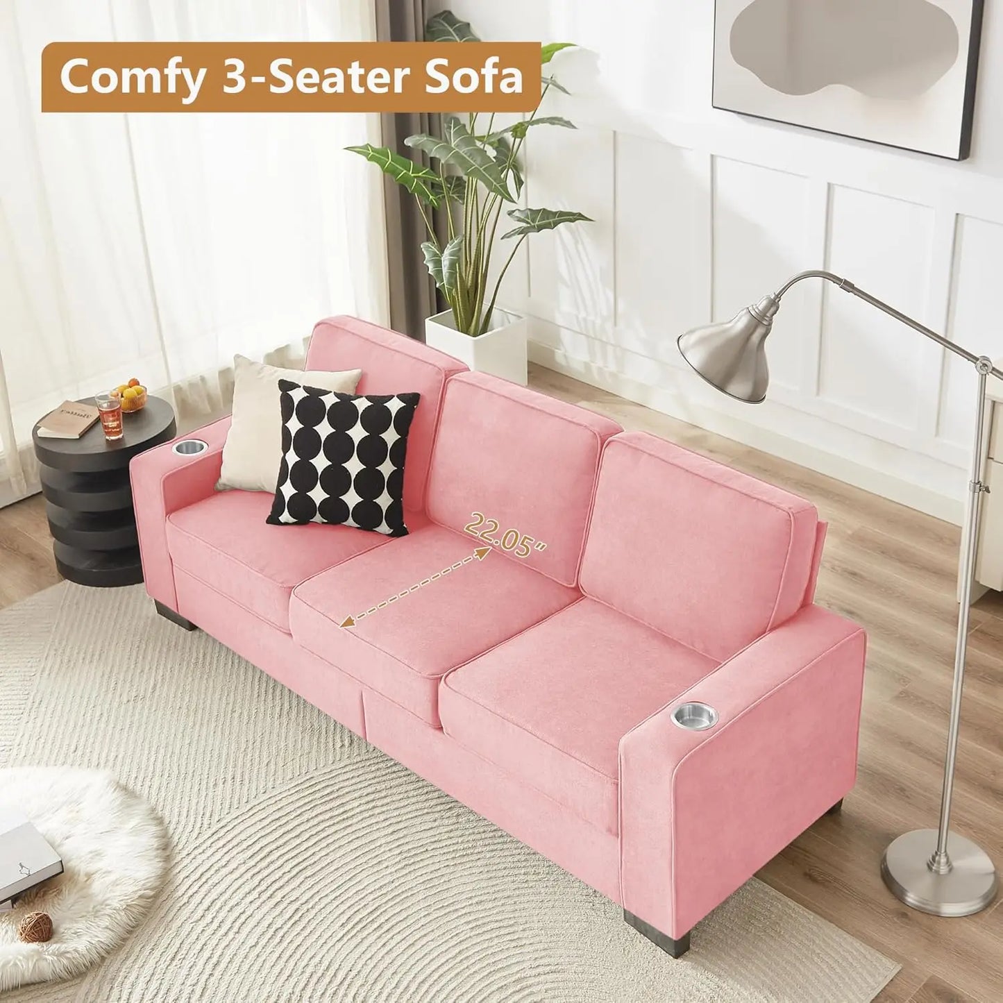 Snowfleece 3 Seater Upholstered Sofa With Cup Holders