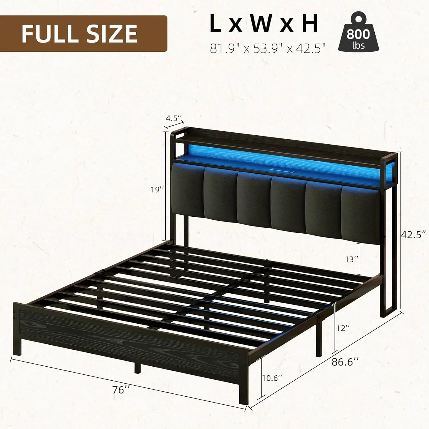 Full Size Metal Bed Frame With LED Lights And Charging