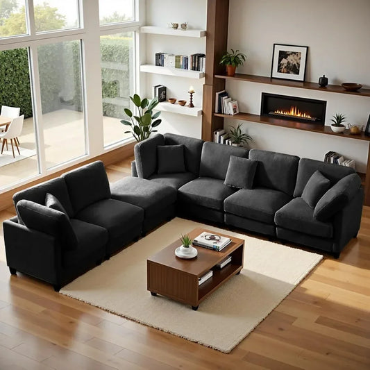 Guangbai Seven Seater Chenille Cloud Couch With Movable Ottoman Sofa
