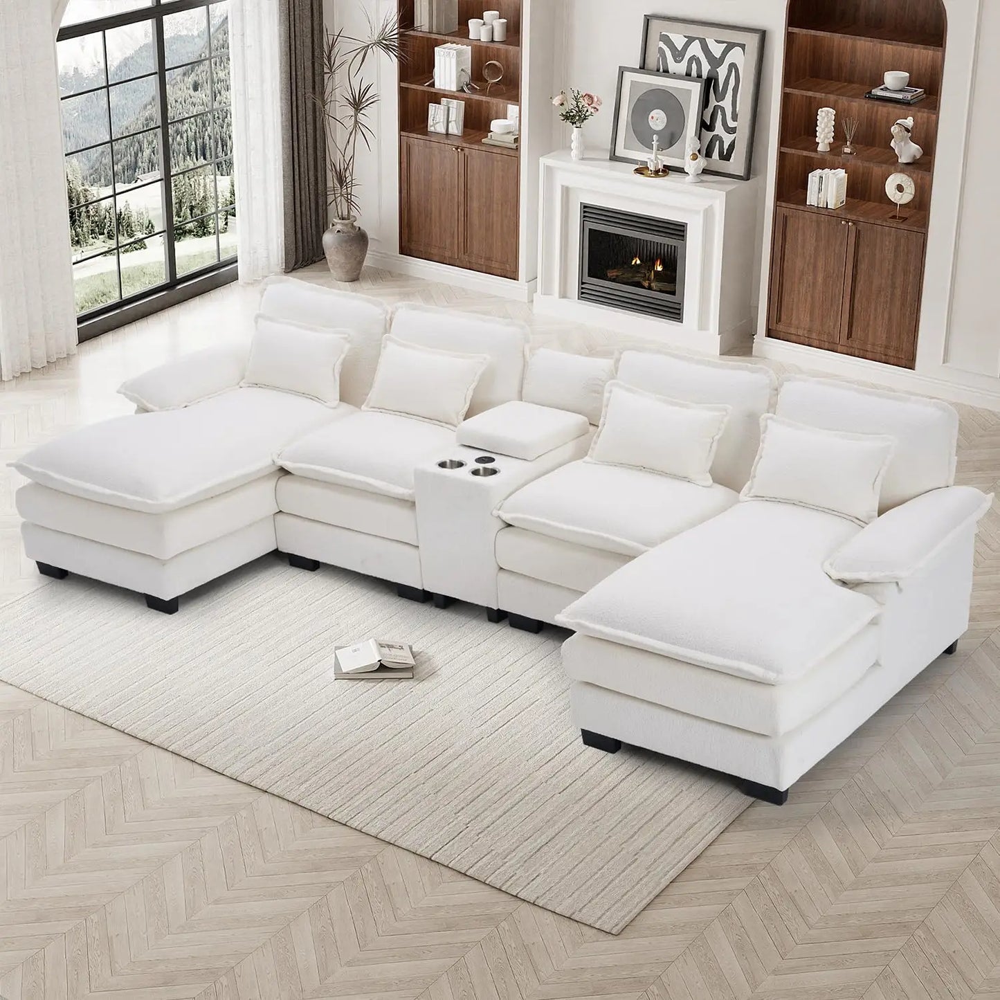 U Shaped Modular Sectional Sofa Chenille With Double Chaise Storage Console USB