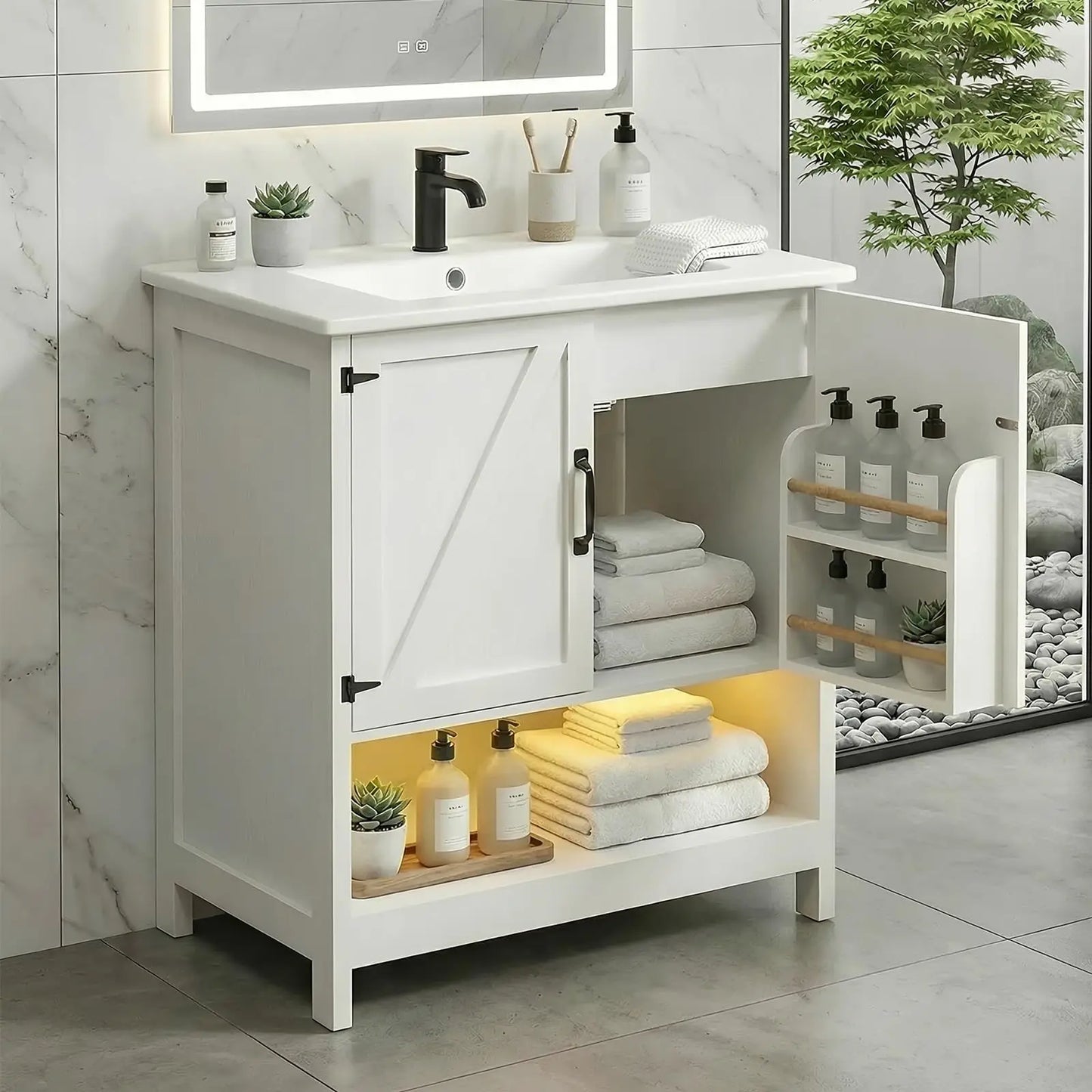 Freestanding Bathroom Vanity With Sink And RGB LED Lighting