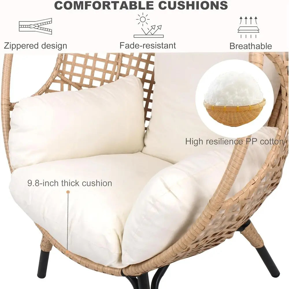 Double Set Indoor/Outdoor Wicker Egg Chairs with Cushion for Patio, Living Room, Balcony, or Backyard (Beige-Grid)