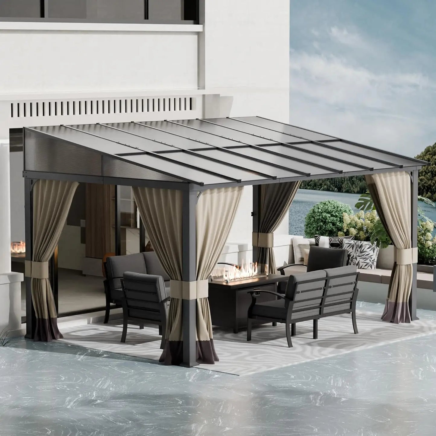 DUOFU Wall Mounted Gazebo Hardtop Metal Frame With Curtains Patio