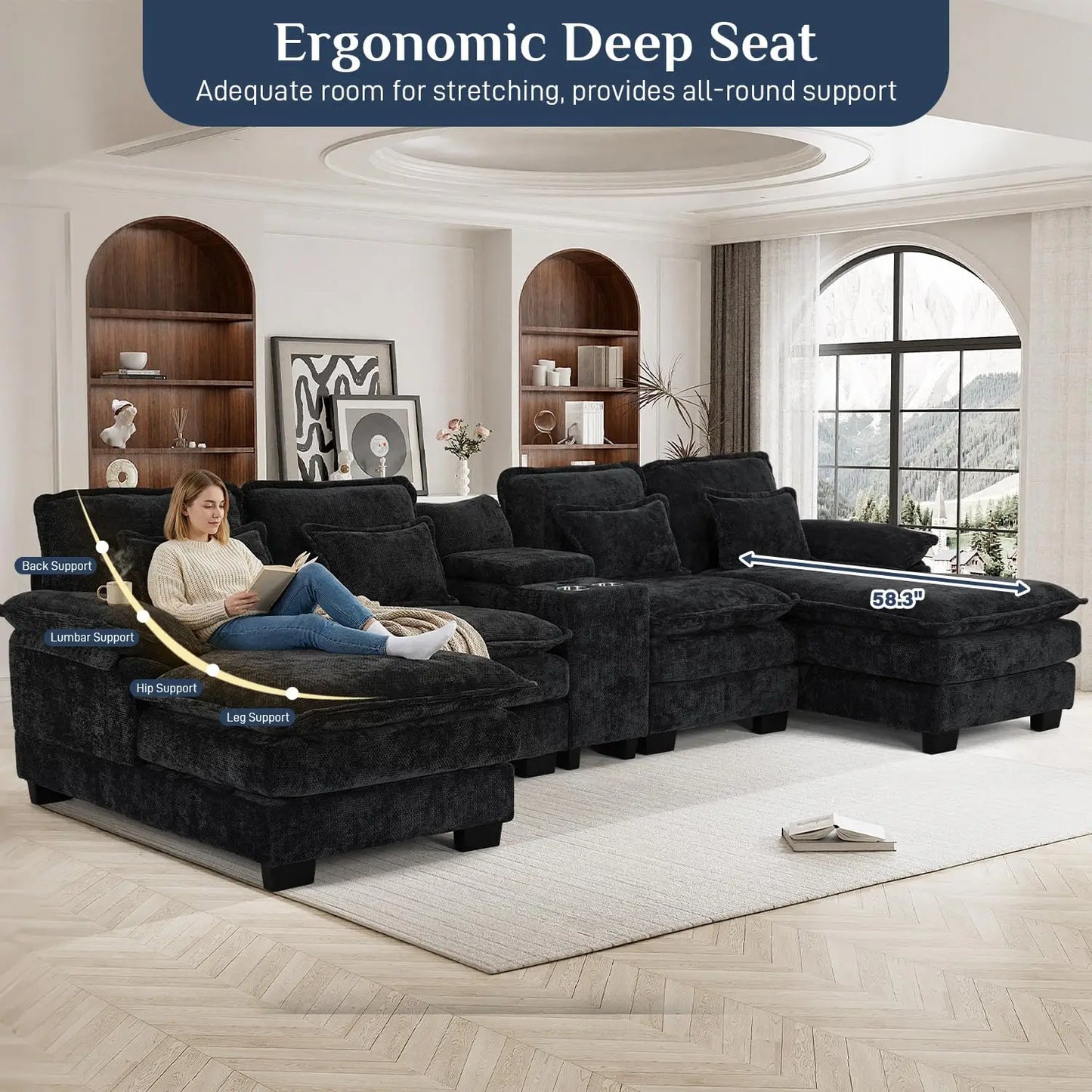 U Shaped Modular Sectional Sofa Chenille With Double Chaise Storage Console USB