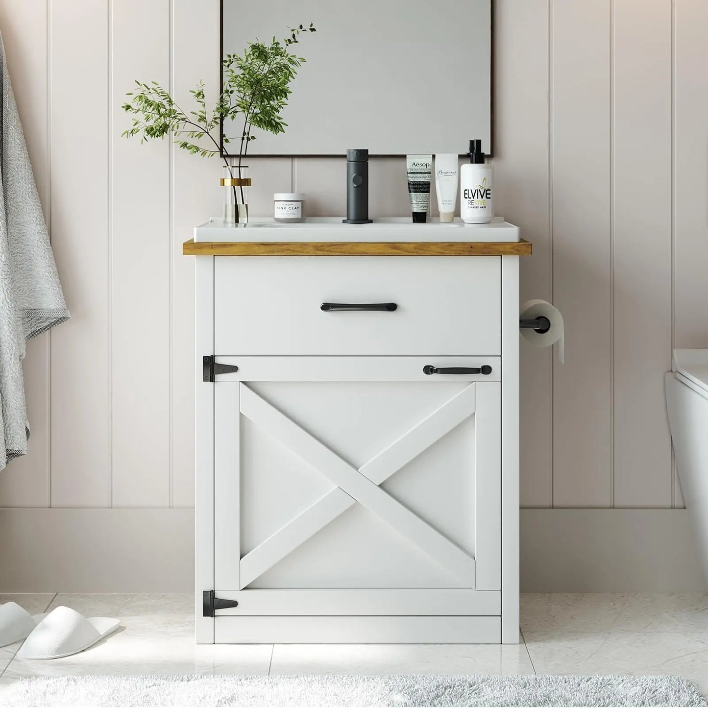 Bathroom Vanity With Sink Farmhouse Cabinet Drawer And Barn Door Towel Bar
