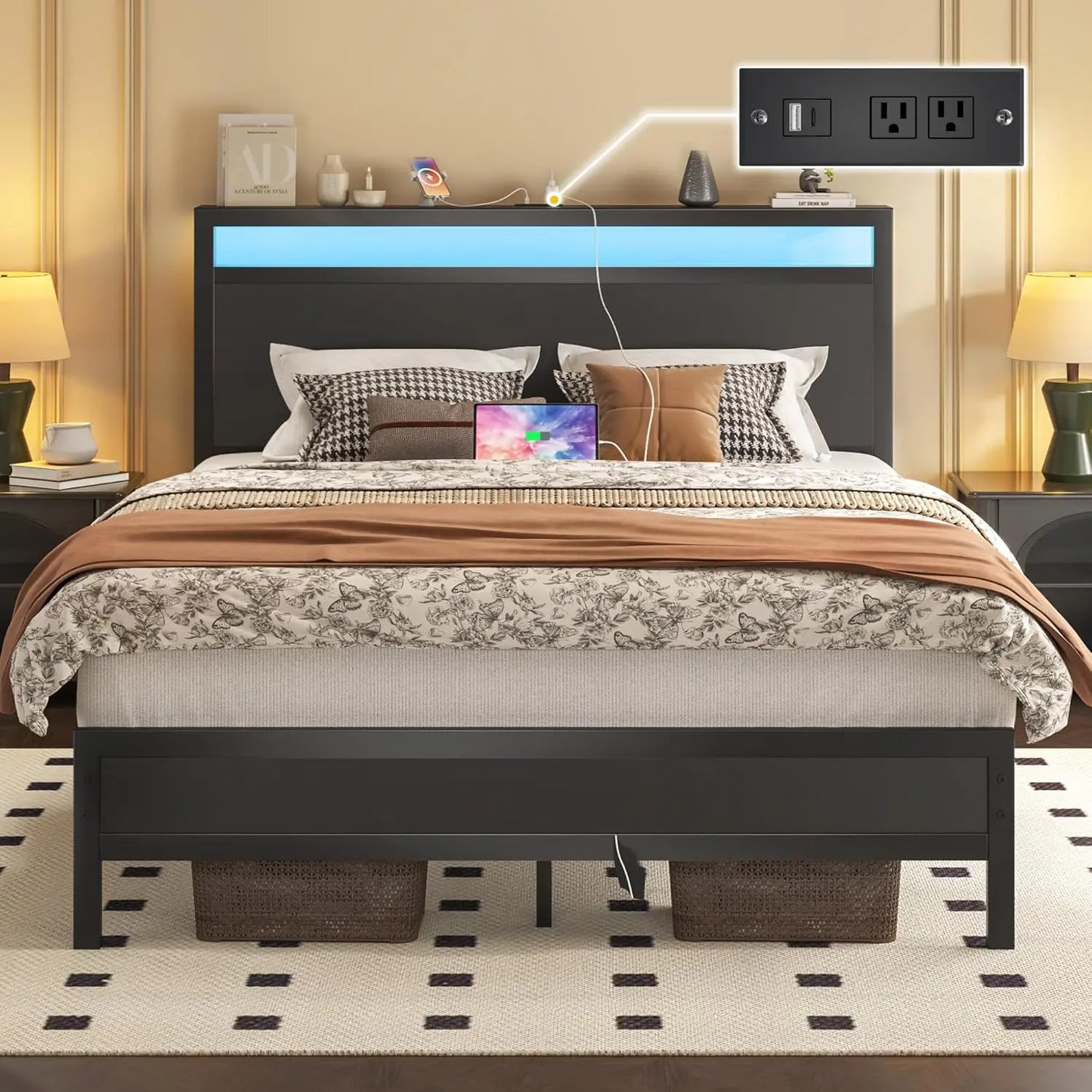 Bed Frame With Headboard And Footboard With USB Charging And LED Light