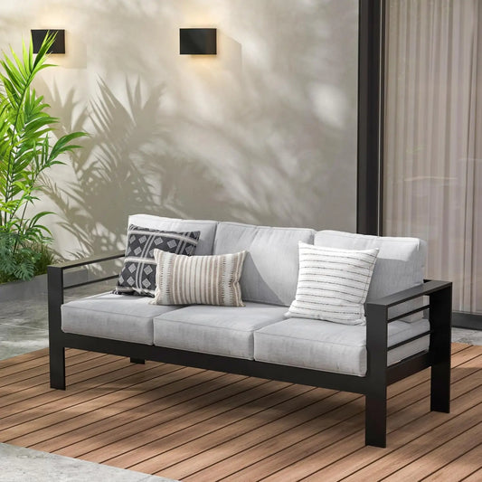 Patio Furniture Aluminum Sofa, All-Weather Outdoor 3 Seats Couch, Black Metal Chair with Light Grey Cushions, Customized