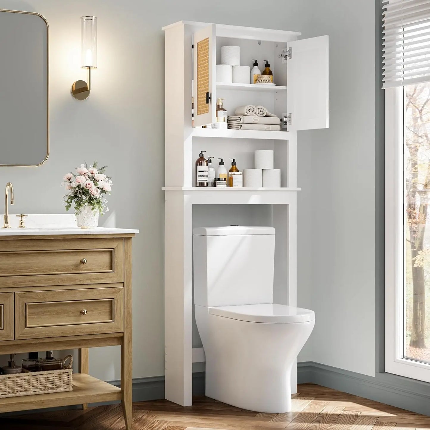 Farmhouse Over Toilet Storage Cabinet With Natural Rattan Doors