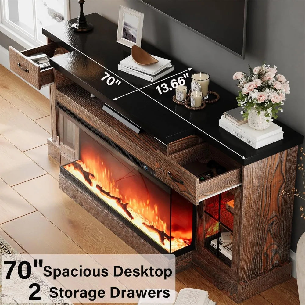 TV Stand with Fireplace, 70" Farmhouse Fireplace Entertainment Center with Storage Cabinets,TV Console for TV
